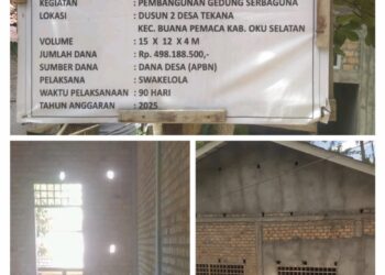 SETENGAH MILIAR DI BANTARAN SUNGAI? GEDUNG SERBAGUNA DESA TEKANA DIDUGA TAK BER-IMB DAN BERBAU BORONGAN SILUMAN